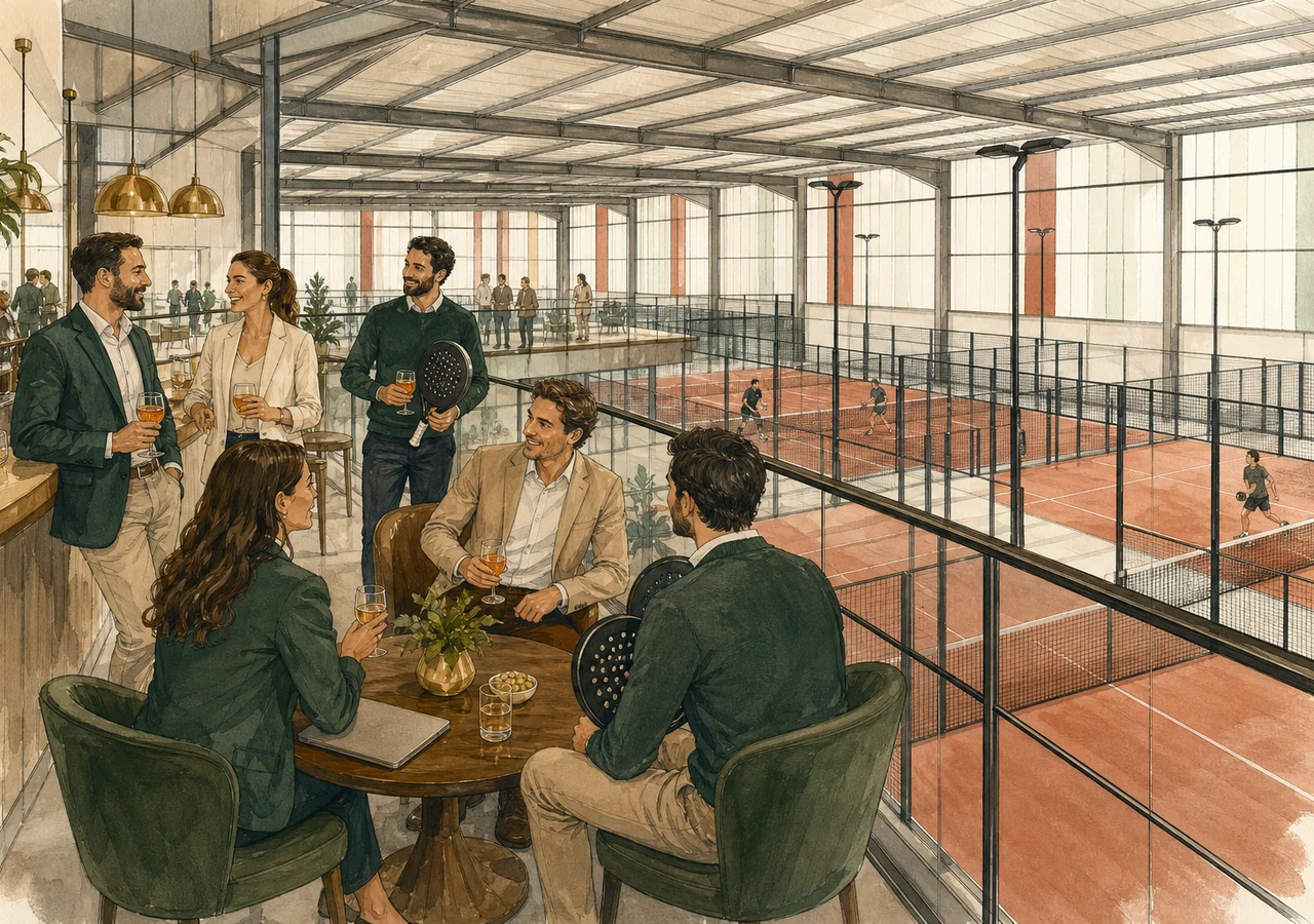 Illustration d'un afterwork entreprise et team building dans l'univers du Royal Padel Club